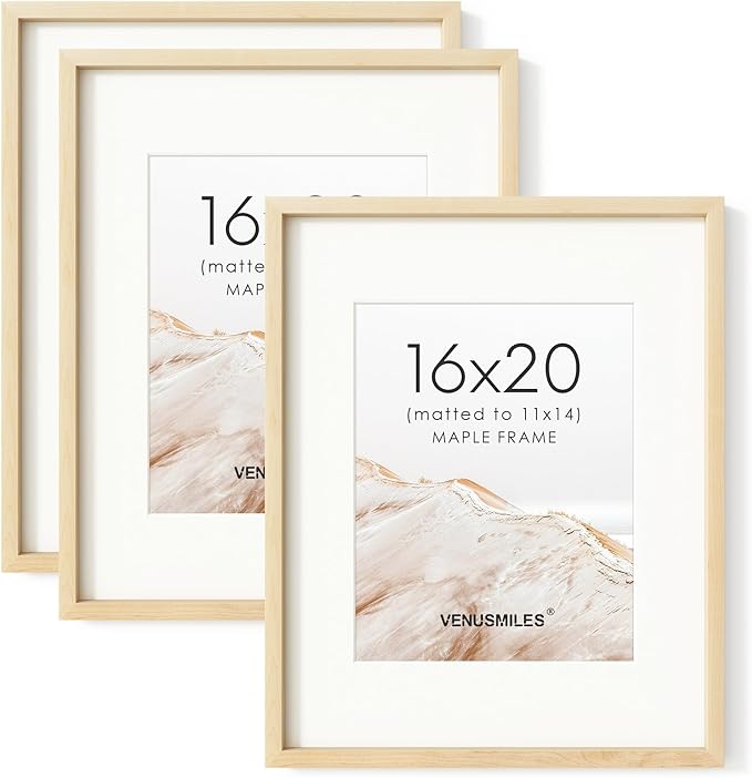16 x 20 Picture Frame Set of 3, USA-Sourced Natural Maple Wood Photo Collage Frame with HD Tempered Glass, Modern Simple 16x20 Wooden Frame Matted to 11x14, Vertical & Horizontal Wall Hanging Display