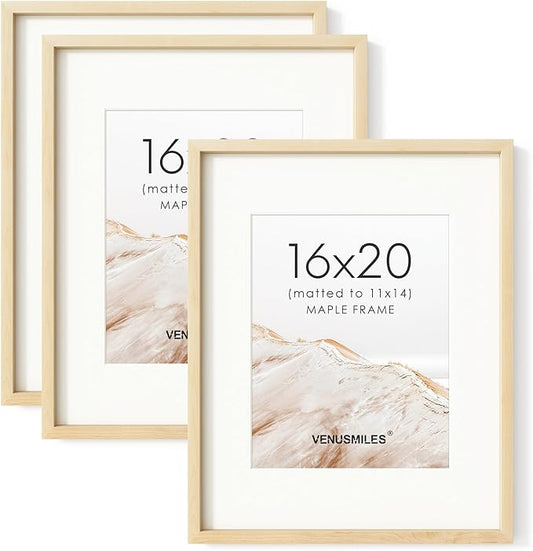 16 x 20 Picture Frame Set of 3, USA-Sourced Natural Maple Wood Photo Collage Frame with HD Tempered Glass, Modern Simple 16x20 Wooden Frame Matted to 11x14, Vertical & Horizontal Wall Hanging Display