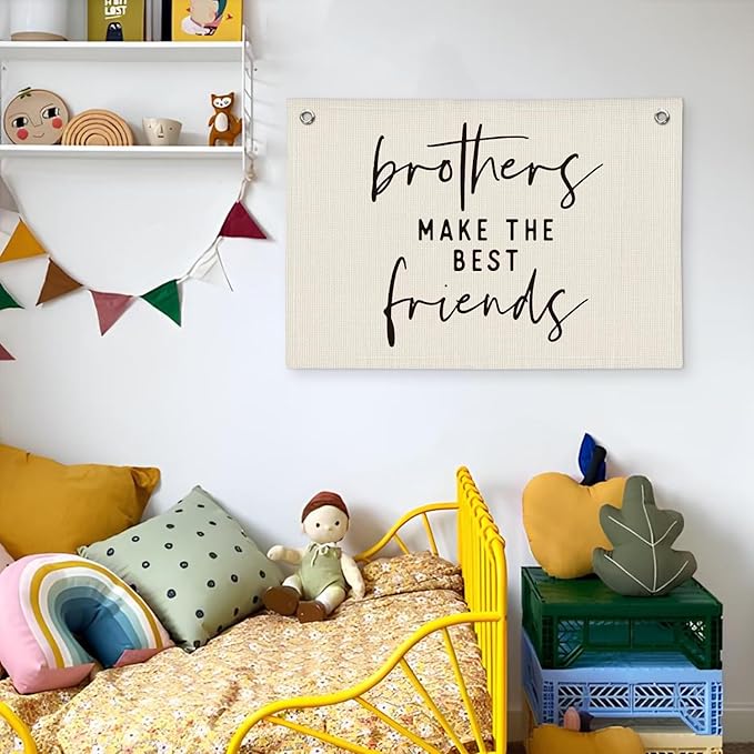 Brothers Make The Best Friends Banner - Boys Room Decor, Toddler Boy Room Decor, Linen Wall Hanging Canvas Flag for Nursery Playroom