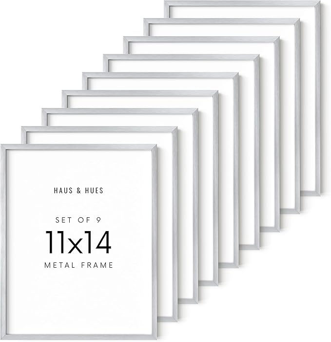 HAUS AND HUES 11x14 Silver Metal Picture Frames - Premium Aluminum with Vertical & Horizontal Hanging, Shatterproof Plexiglass - Ideal for Home or Office (11x14 in, Silver, Set of 9)