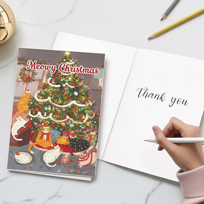 (5.3x8in) Meowy Christmas Card with Envelope, Cute Funny Cat Holiday Greeting with Festive Tree and Kittens, Adorable Christmas Card for Cat Lovers, Friends, Family, and Pet Owners (Xmas 27)