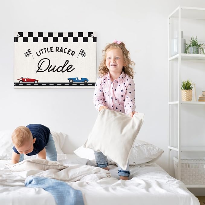 Little Racer Dude Black and White Checkered Boys Room Decor - Linen Banner Wall Hanging Canvas Banner Flag Decor for Toddler Boy Bedroom Nursery Playroom
