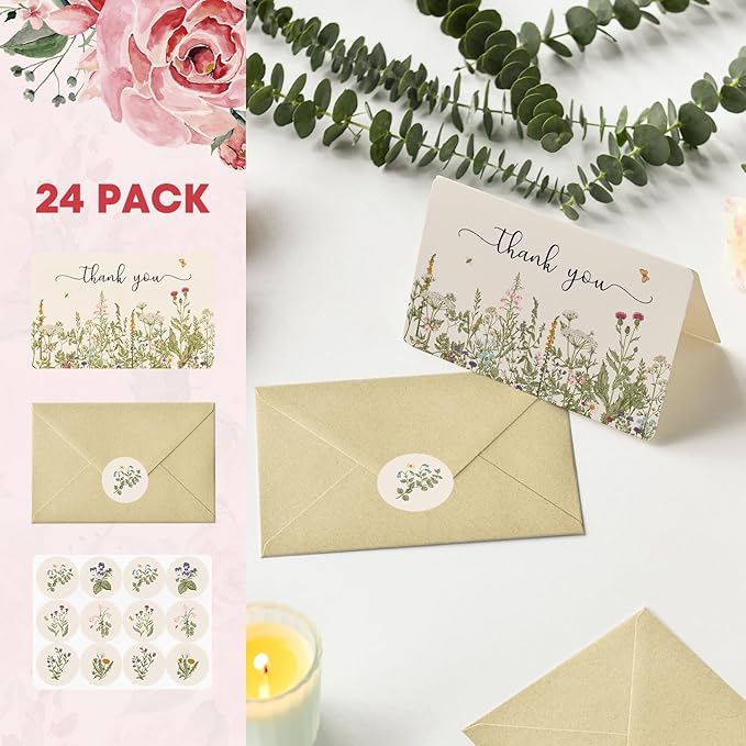Artoid Mode 24 Pack Fall Wildflower Thank You Cards Floral Leaves Gift With Envelope Sticker Blank Note Cards for Birthday Wedding Baby Shower Bridal Shower, 4 x 6 Inch