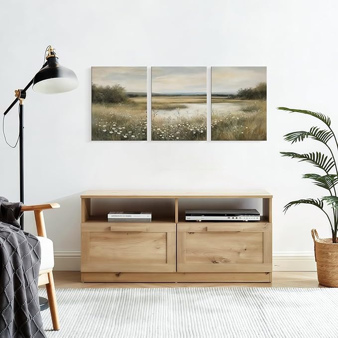 3 Pcs Framed Vintage Wildflower Canvas Wall Art Rustic River Pond Decor Landscape Botanical Print Posters Farmhouse Nature Scenery Pictures for Living Room Bedroom Kitchen 12x16 inch Ready to Hang