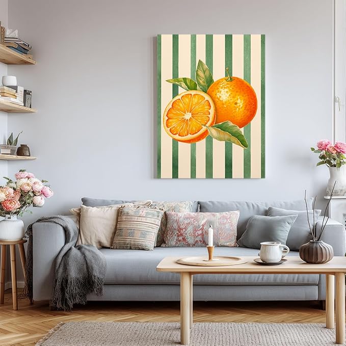 Orange Citrus Watercolor Wall Art – Fresh Fruit Botanical Print – Modern Kitchen Decor with Green Stripes – Summer Fruit Illustration Canvas Poster 12x16inch-Framed