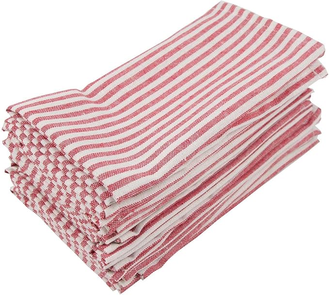 Plain Striped Cotton Linen Blended Dinner Cloth Napkins - Set of 12 (40 x 30 cm) - for Events & Home Use (Red)