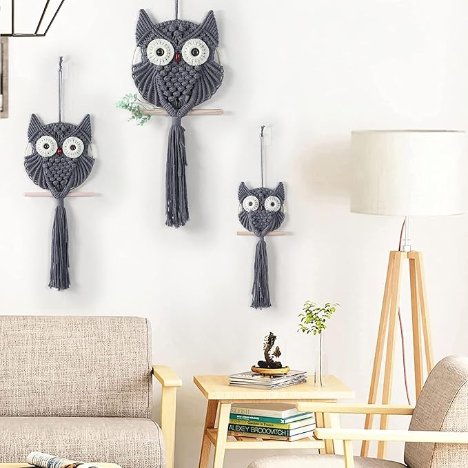 MVSUTA Owl Grey Cotton Handmade Macrame Wall Hanging Tapestry Home Decor Art and Gray Craft Wonderful Decoration Woven Boho Ornament for Office Bedroom Apartment Nursery Gallery,3pcs set:1pc L & 1pc M