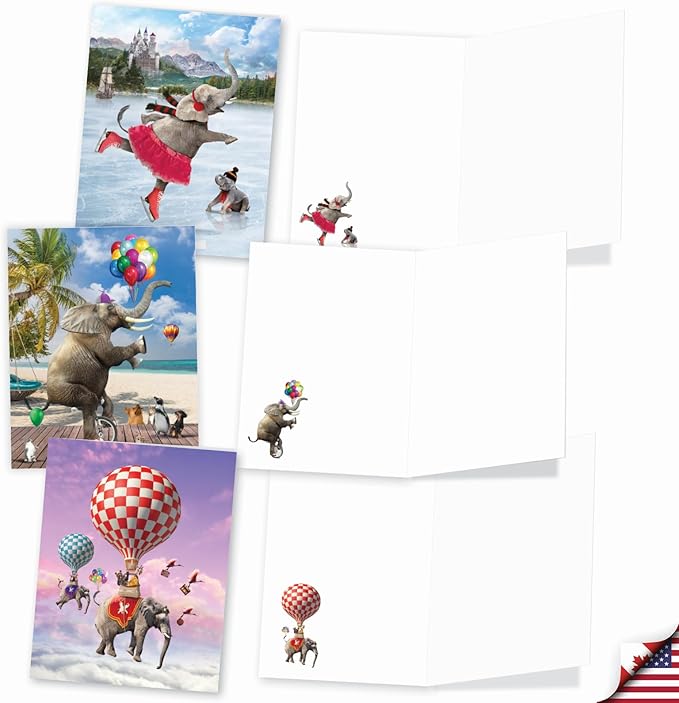 The Best Card Company - 20 Blank Note Cards with Envelopes (4 x 5.12 Inch) - All Occasion Animal Card Assortment (10 Designs, 2 Each) - Elefantasy Fun AM9617OCB-B2x10