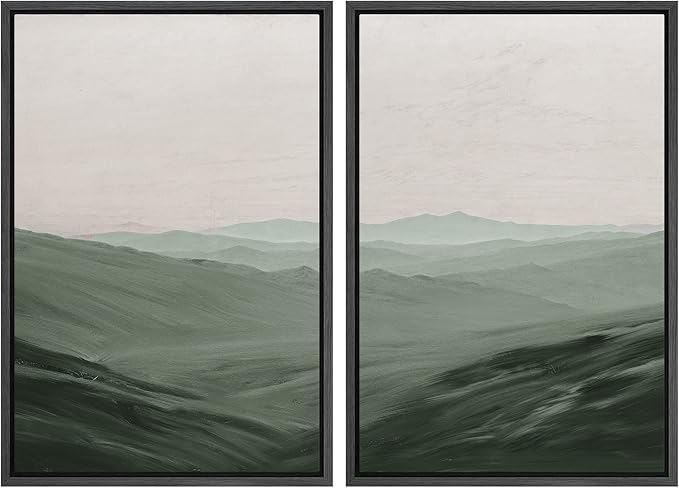 SIGNWIN Framed Canvas Print Wall Art Set Watercolor Green Mountain Valley View Nature Wilderness Illustrations Fine Art Farmhouse/Country Minimal for Living Room, Bedroom, Office - 24"x36"x2 Black