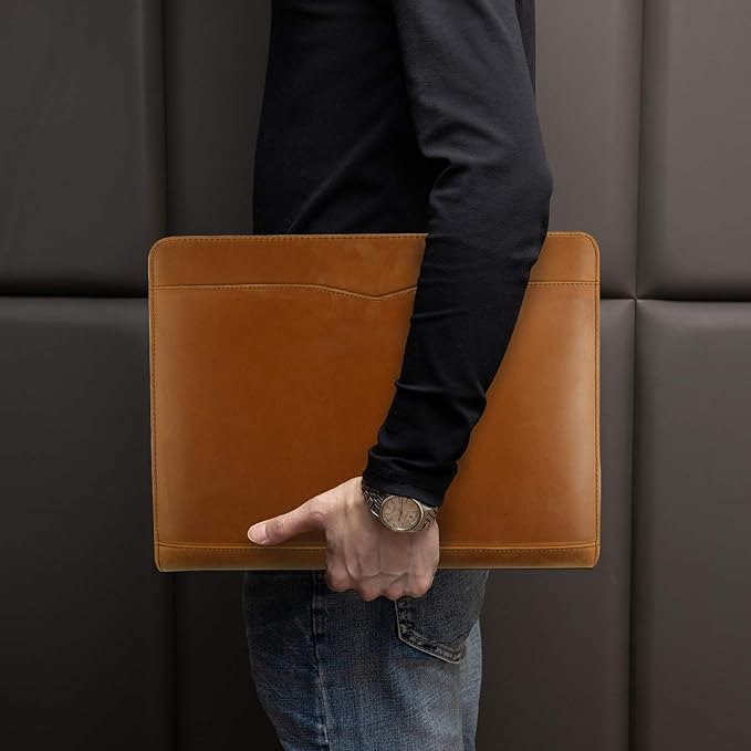 Professional Leather Business Padfolio Portfolio Case, 3 Ring Binder,Zippered Business Document Organizer Tablet Holder Folder Case,with Letter Size Notepad (Brown Upgraded Version)