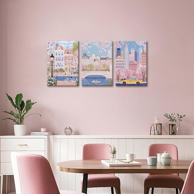 XLARTMY Watercolor City Landscape Travel Wall Art Canvas Framed Pink Cherry Flower Poster Girly Prints Painting Pictures Set of 3 for Bedroom Living Room Office 16x24in