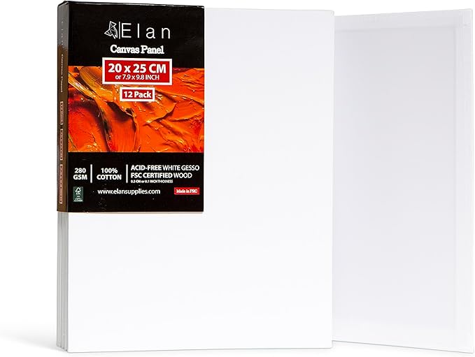 Elan Canvas Boards for Painting 7.9x9.8 Inch, 12-Pack 100% Cotton Acid-Free Blank Canvases for Painting 8oz, Triple Primed 7.9x9.8 Canvas Panels