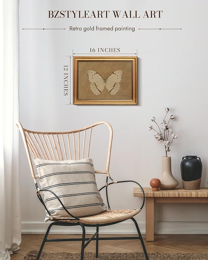 Bzstyleart Vintage Wall Art Decor for Living Room,Gold Framed Canvas Butterfly Wall Art,Vintage Butterfly Picture Prints,Gold Framed Artwork,12 x 16 Inch