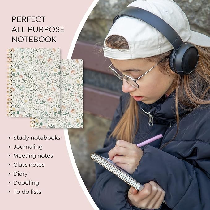 Vintage Pastel Floral Journal Notebooks, Sage Green and Pink Flower College Ruled Notebooks for Note Taking, Wildflower Floral Botanical Journal Journaling, Spiral Notebook 5.5x8.3
