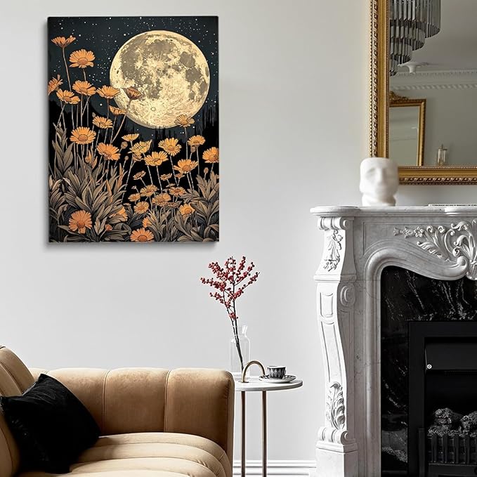 Dark Moody Moon And Flowers William Morris Art Print, Dark Cottagecore Celestial Wall Art, Etheral Moonlight Academia Decor, Gothic Art for Office Bedroom Living Room 24x36in Unframed poster