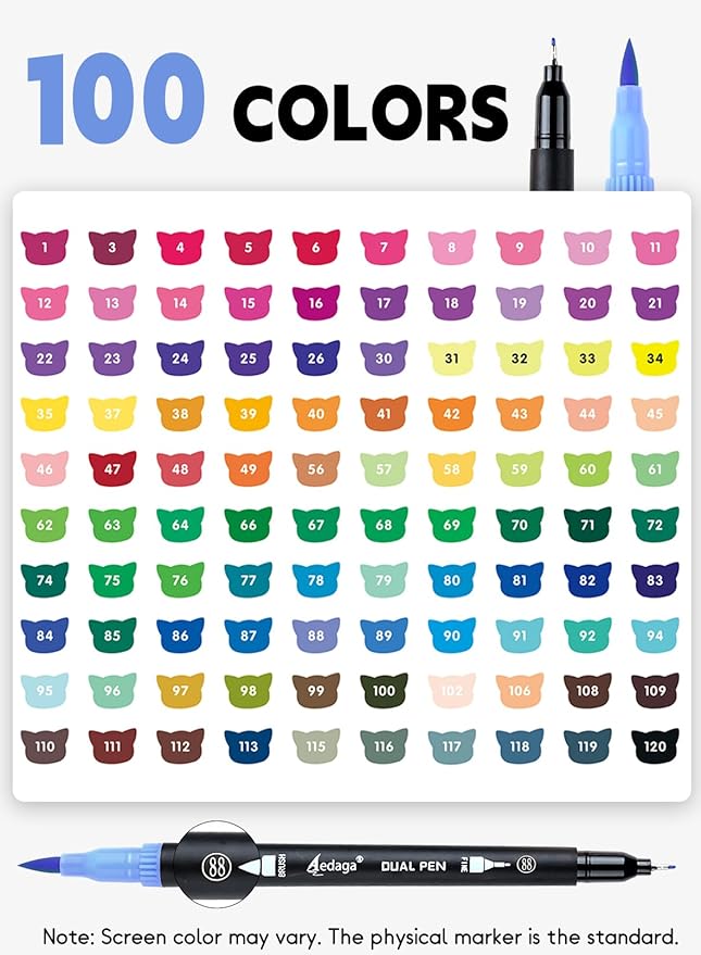 100 Colors Numbered Dual Tip Brush Pens with Free App, Fine and Brush Tips Pens for Adults and Kids, Coloring Markers for Coloring Book Bullet Journaling Note Taking Planner Hand Lettering
