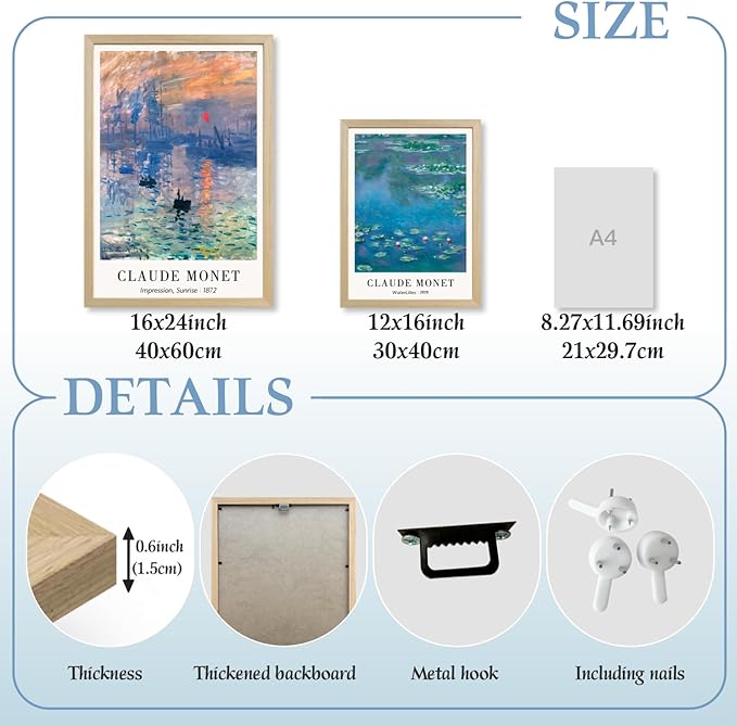 LLEEMPI Claude Monet Water Lilies Wall Art Set of 3, Maritime Sunrise Wall Decor, Vintage Aesthetic Botanical Canvas Prints, Classic Minimalist Poster Prints for Bedroom Office Wood Framed 16x24 Inch