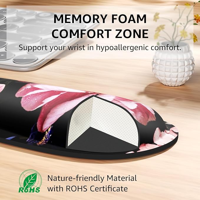 KTRIO Ergonomic Keyboard Wrist Rest, Memory Foam Mouse Pad with Wrist Rest for Computer Keyboard, Mouse Pad Set for Easy Typing & Pain Relief for Office & Home, Peony Flower