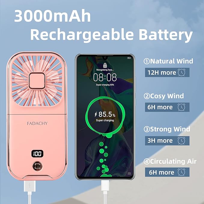 FADACHY Portable Fan Rechargeable, Mini Handheld Fan,Electric Personal Fan 3000mAh Battery Operated Hand Held Fan with Lanyard,Small Fan for Desk Office Outdoor Indoor