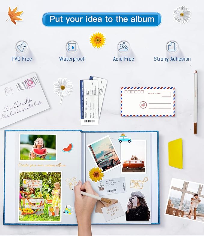 popotop Photo Album Self Adhesive with Picture Display Window,60 Pages DIY Scrapbooking Supplies Kit for 4x6 8x10 Picture,Linen Cover Memory Book for Baby Wedding, with Scraper and Metallic Pen