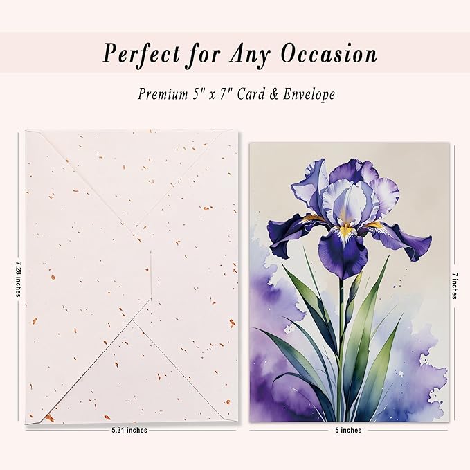 Blank Inside Greeting Card with Envelope for All Occasions, 5x7 Inch Elegant Watercolor Iris Card – Birthday, Sympathy, Thank You - Single Card