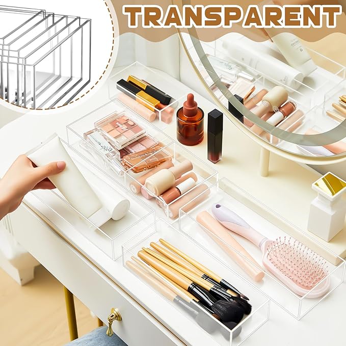 5 Pack Acrylic Desk office Organizer, Makeup Drawer Organizer Trays, Storage Bins for stationery, Makeup, Jewelry, Gadgets for Kitchen, Office, Bedroom, Bathroom