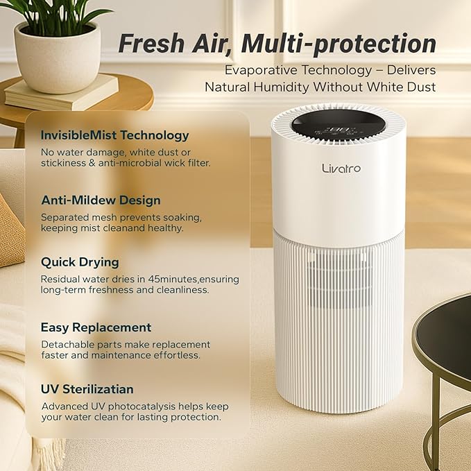 Smart Evaporative Humidifier for Whole House with Filter Separation and Auto Drying Technology, Invisible Mist for Better Sleep, 8L Easy Top Fill Tank, Humidifiers for Bedroom, Humidifiers for Baby