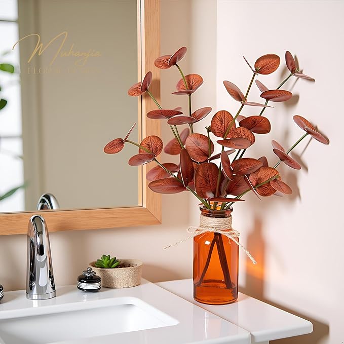 Muhanjia Artificial Eucalyptus Stems in Amber Glass Vase with Faux Water,3Pcs Fake Plant with Double-Sided Terracotta Leaves for Centerpiece (Double-Sided Terracotta Eucalyptus)