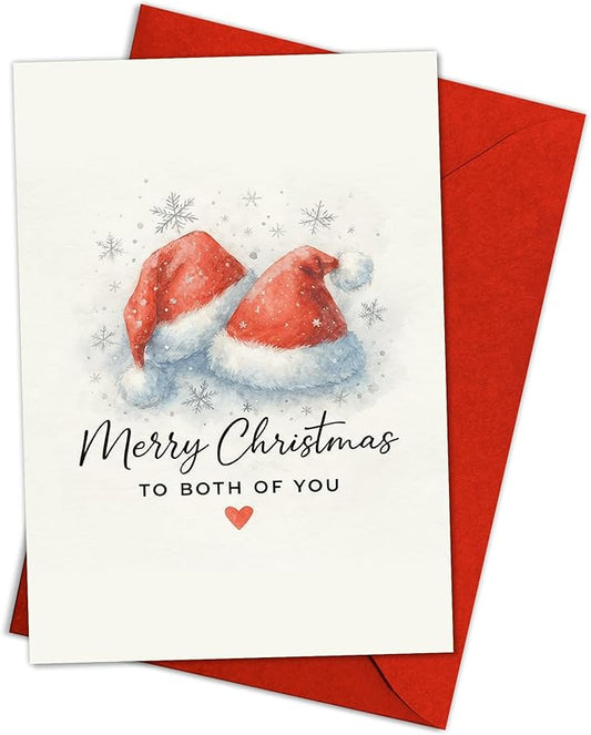 (5.3x8in) Merry Christmas to Both of You Card, Elegant Watercolor Santa Hats Design with Snowflakes Heart, Romantic Greeting Card for Couples, Friends Family, Festive Card with Envelope (Xmas 43)