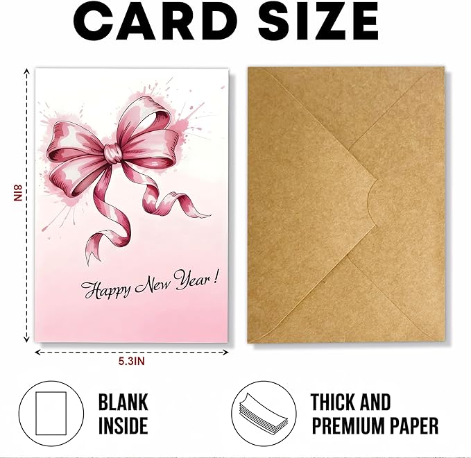 (5.3x8in) Happy New Year Card, Elegant Pink Bow with Watercolor Splash, Classy Greeting Card for Women, Friends, Coworkers or Family, New Year’s Eve Celebration Stationery Envelope (Xmas 38)