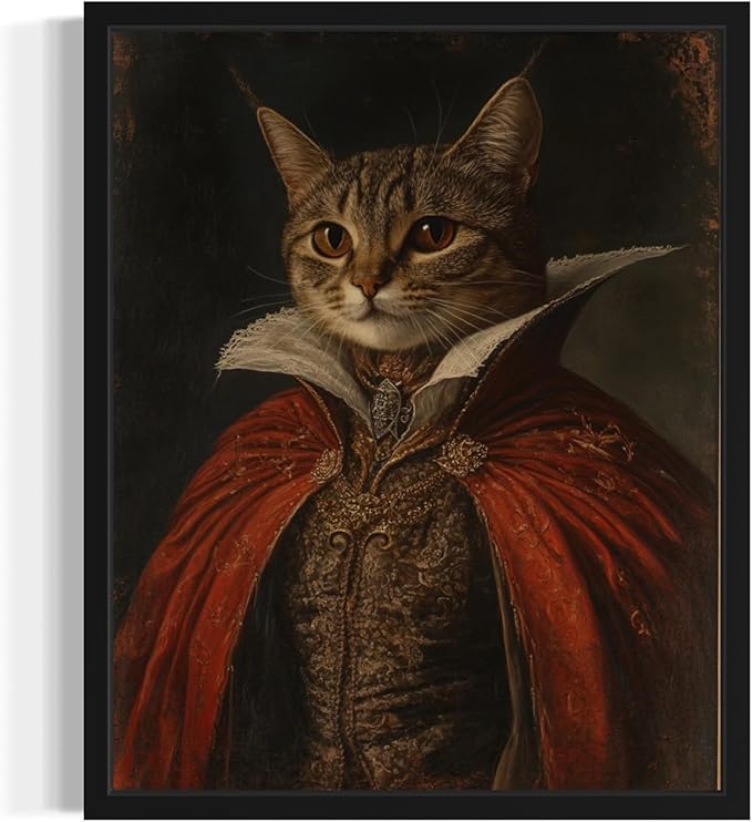 Vampire Cat Art Poster Print, Cat Kitten Painting Humor Portrait Pet Artwork Decor Gallery A8 (Vampire, 8 x 10 inches, Black Frame)