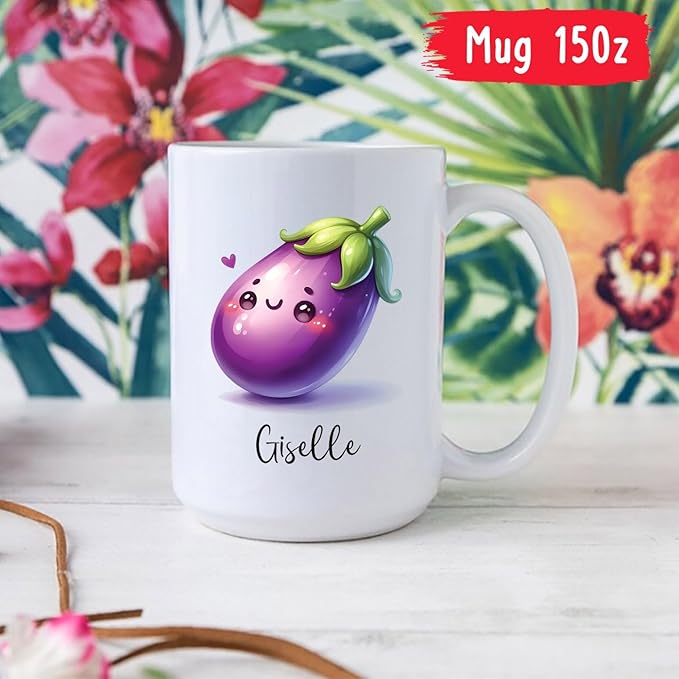 Personalized Eggplant Mug, Aubergine Ceramic Cup, Aubergine Travel Cups Gifts for Kids Friends Eggplant Lovers, Vegetable Cup, Veggie Tea Mug, Customized Aubergine Coffee Mug With Name 11oz 15oz