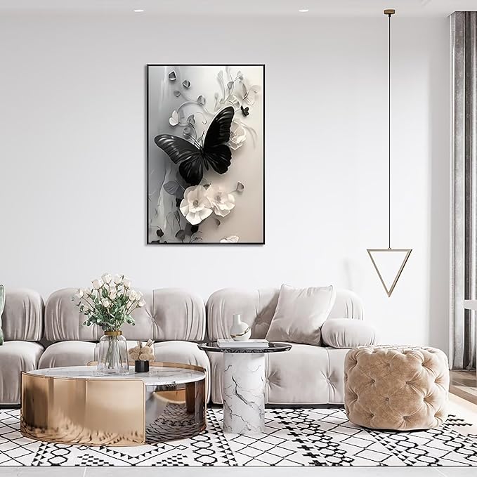Black Butterfly with Flowers Canvas Poster Modern Minimalist Wall Art Trendy Elegant Painting Prints Vintage Nature Botanical Aesthetic Home Decor for Bedroom Living Room 24x36inch Metal Black Framed