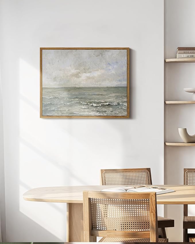 VIYYIEA Ocean Landscape Framed Wall Art, Seascape Vintage Paintings Art Decor Aesthetic, Canvas Print Artwork, Calming Sea Wall Pictures for Bedroom Bathroom Office, 11x14 Inch