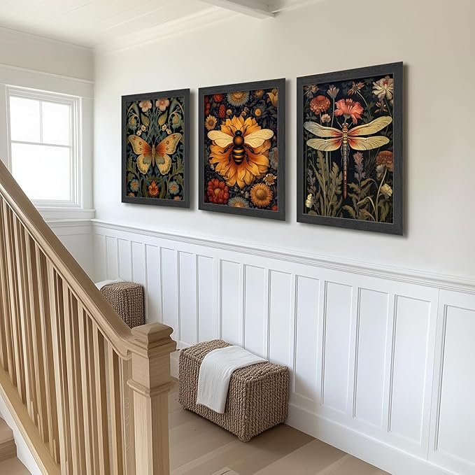 3 PCS William Morris Canvas Wall Art for Home Decor Bee Dragonfly Butterfly Painting Poster William Morris Botanical Insects Pictures Prints Wall Decor for Living Room Bedroom Home Decorations 12×16 in(Poster No Frame)