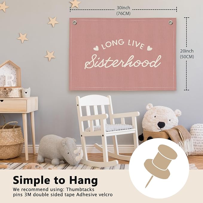 Coral Pink Long Live Sisterhood Girls Room Decor - Linen Banner Wall Hanging Canvas Banner Flag Decor for Toddler Girly Bedroom Playroom Nursery Dorm Apartment