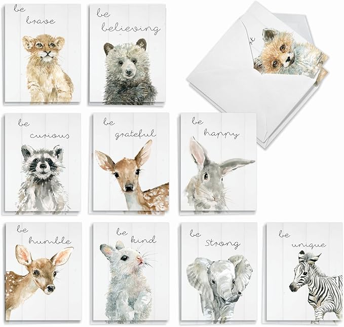 The Best Card Company - 20 Bulk Animal Note Cards Blank (4 x 5.12 Inch) - Fun Assorted Notecards with Envelopes (10 Designs, 2 Each) - Be Wild AM9543OCB-B2x10