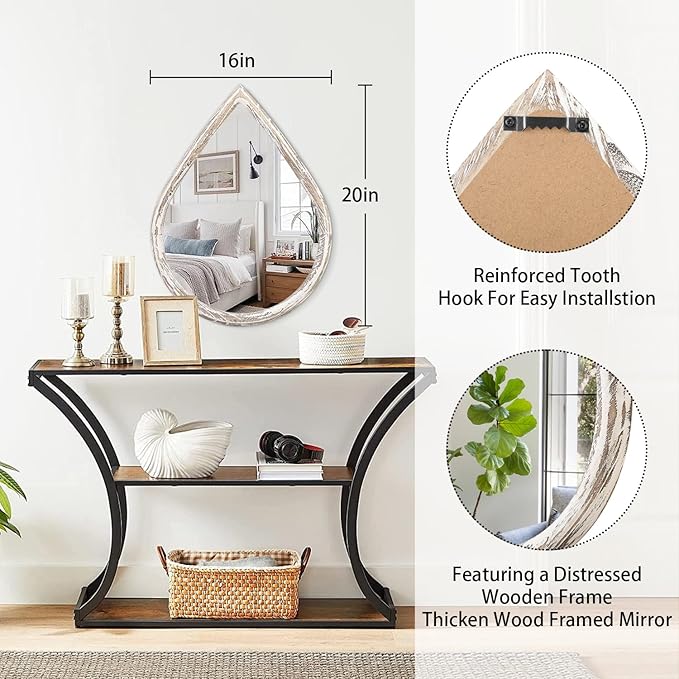 Farmhouse Wall Hanging Mirror Drop Shaped Mirror with Wood Framed Wall Mirror Vintage Decor for Bedroom Living Room Bathroom Entryway