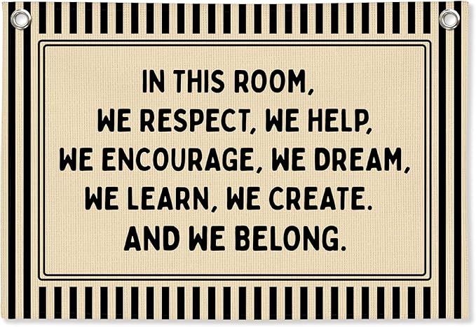 Classroom Decor, Retro Classroom Wall Hanging Canvas Banner Prints, in This Room We Respect Help Striped Wall Art Decor for Kids Nursery Toddler Room Bedroom Playroom, 30x20 Inch
