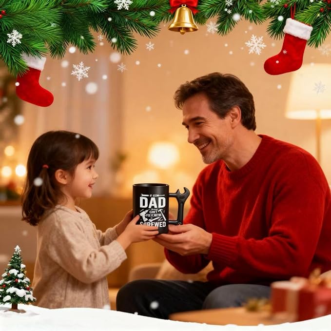 Novelty Fathers Day Dad Gifts from Daughter Son Wife kids, Funny Coffee Mug with Wrench Handle for Dad, Unique Father's Day Birthday Christmas Gifts Present for Men Husband Grandpa Gift Ideas