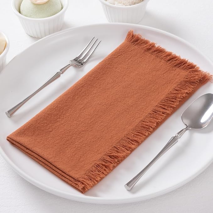12 Pack Terracotta Cotton Linen Napkins with Fringe Spring Cloth Napkins Set of 12 Boho Handmade Dinner Napkins Bulk for Wedding Bridal Baby Shower Valentine's Day, 17 x 17 Inches