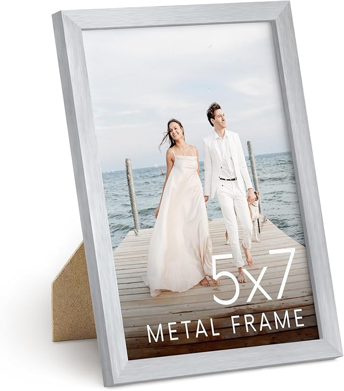 HAUS AND HUES 5x7 Silver Picture Frame - Modern Aluminum Photo Frame with Easel Back and Wall Hanging Hardware (5x7 in, Silver)