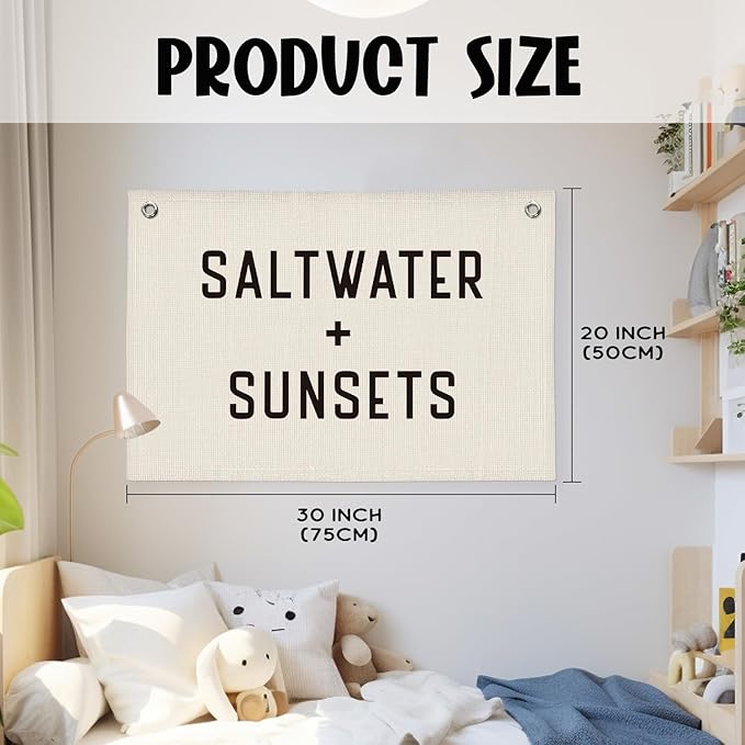 Coastal Beach Wall Decor, Saltwater Sunsets Banner for Kids Playroom, Nursery, Surf Shack | Nautical Vintage Rustic Sign 20x30 Inch