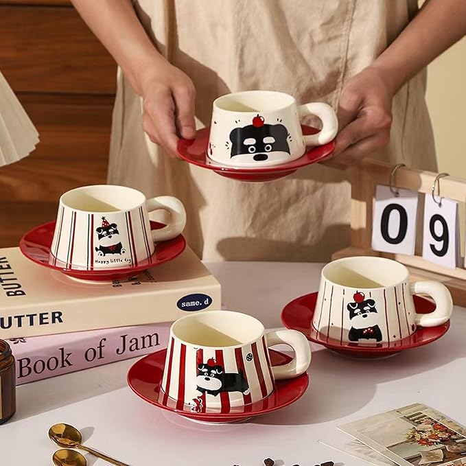Cute Dog Couple Cup with Thick Grip, Ceramic Coffee Mug with Spoon, Gifts Suitable for Birthdays, Christmas, Halloween and Family Gatherings (Pinstripe)