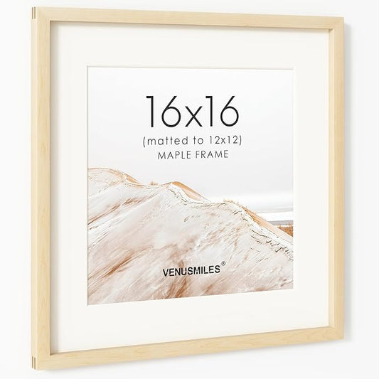 16x16 Picture Frame, USA-Sourced Natural Maple Wood Photo Collage Frame with HD Tempered Glass, Modern Simple 16 x 16 Wooden Frame Matted to 12x12, Gallery Wall Frames for Art