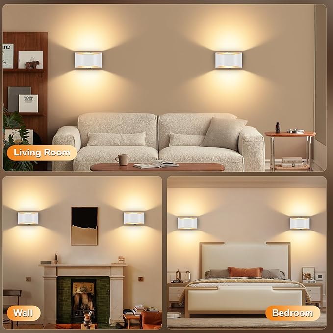 Battery Operated Wall Sconces Set of 2, White Rechargeable Wireless Remote & Touch Control Battery Wall Lights, 3 Color Temperatures, Timer Cordless Dimmable Light for Bedroom, Living Room, Hallway