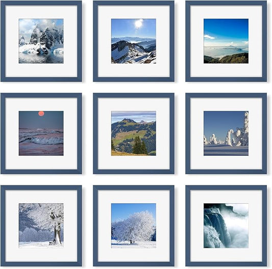 12x12 Picture Frame Set of 9, Photo Gallery Wall Frame Set, Display Pictures 8x8 with Mat or 12 x 12 Without Mat, Square Frame Picture Frames Collage Wall Decor, Blue