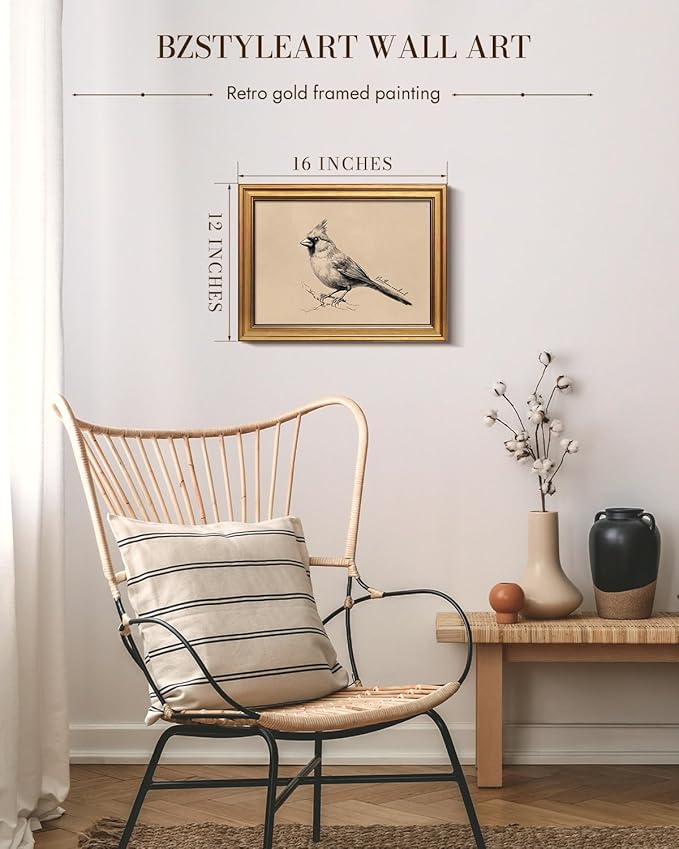 Bzstyleart Vintage Wall Art Decor,Vintage Gold Framed Wall Art Anthropologie for Living Room,Yili State Bird Canvas Prints Home Decor Aesthetic,Sketch Painting for Bedroom Bathroom,12L x 16W