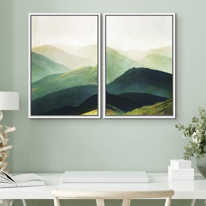 SIGNWIN Framed Canvas Print Wall Art Set Green Mountain Range Forest Landscape Nature Wilderness Digital Art Modern Art Floral Rustic Decorative for Living Room, Bedroom, Office - 24"x36"x2 White
