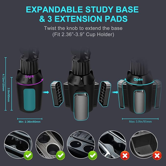 Cup Holder Car Tablet Mount for Truck, 360° Adjustable 15" Long 2-Arm Stand Holder for iPad Pro 12.9/11/10.5/9.7/Air/Mini 6/5/4, Samsung Galaxy Tab/Z Fold 6/5/4, iPhone 17/16/Pro, 4.7-12.9" Tab &Phone